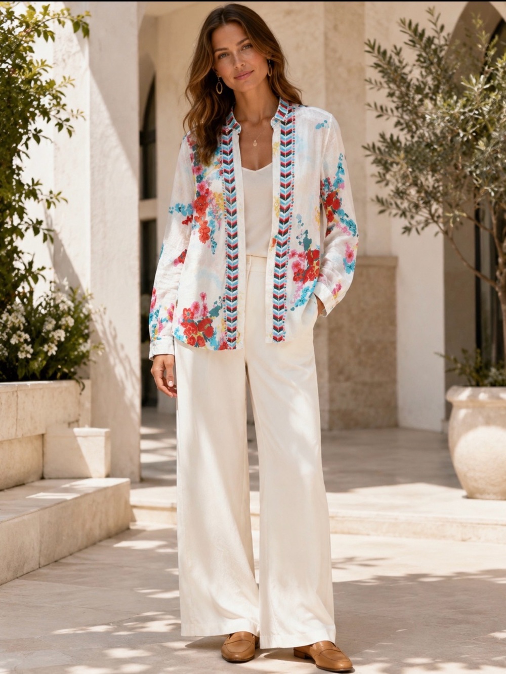 Magazine Floral Embroidered Cotton Button Down Blouse Boho Size M